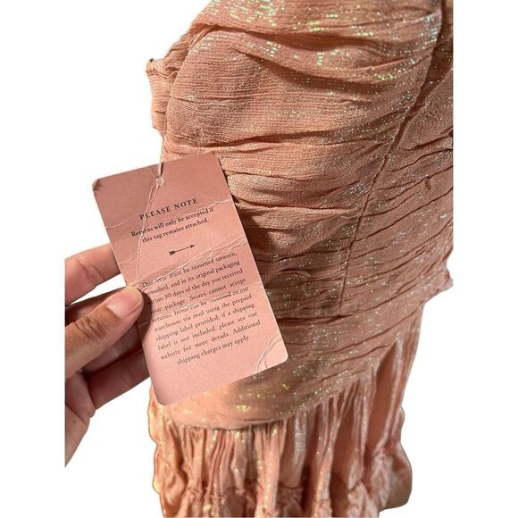 Anthropologie BHLDN Jessa Pink Metallic Asymmetrical Ruffled Drop-Waist Gown 8 - Picture 6 of 14